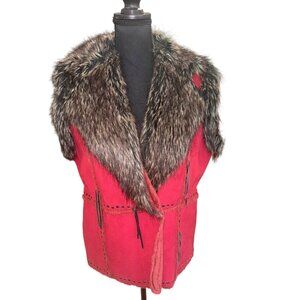 Regent Park Burgundy Faux Fur Suede Fringe Vest Jacket L Cowgirl Western Santa F